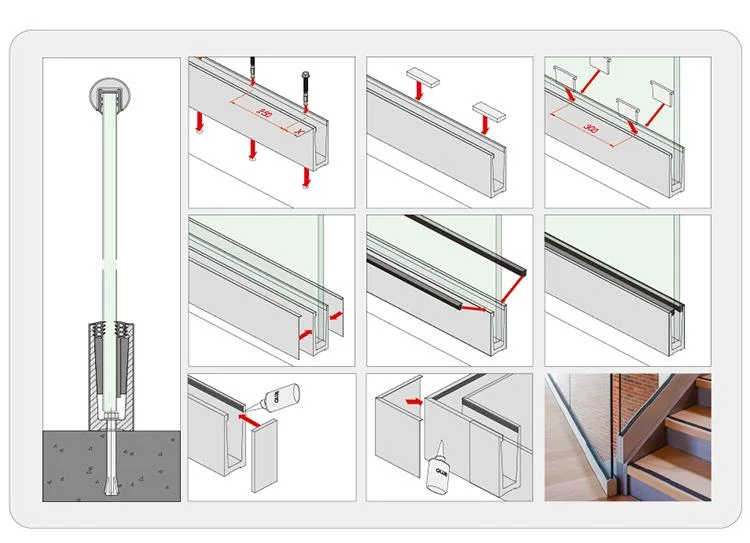 Modern Design Outdoor Balcony U Channel Fence Aluminum Base Railing System Indoor Frameless Glass Railing