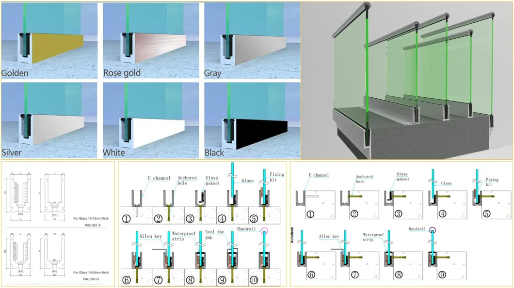 Aluminum U Channel Base Frameless Glass Railing for Indoor and Outdoor