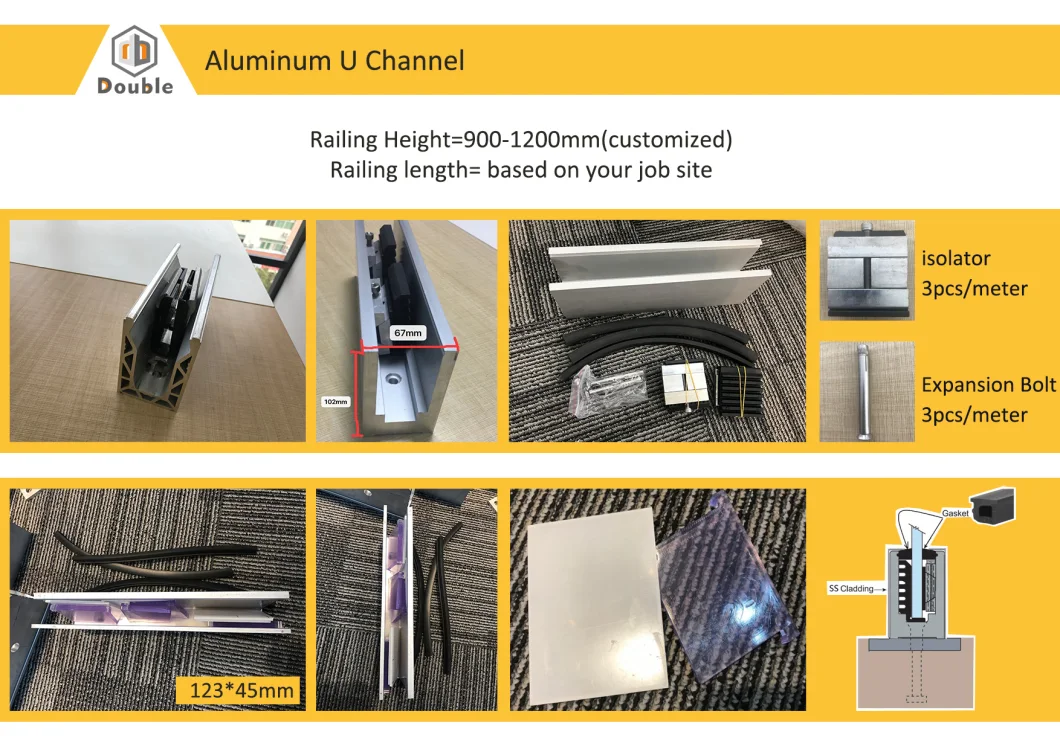 Frameless Glass Railing System with Anodizing Aluminum U Channel